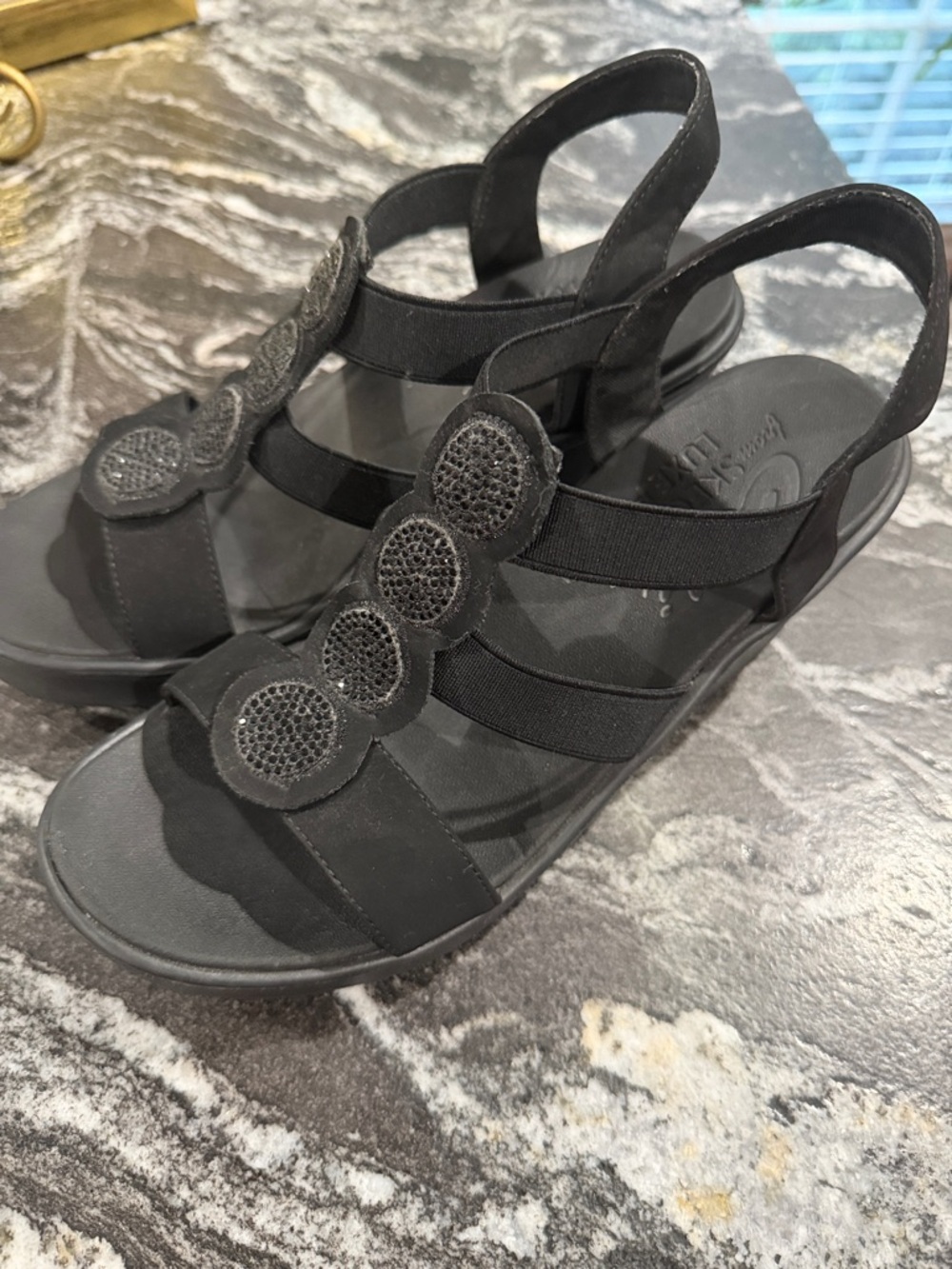 Skechers “Cali” Black Slingback memory foam wedgeswith Medallion Accents